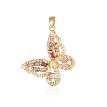 Brass Micro Pave Cubic Zirconia Pendants, Butterfly Charms, Real 18K Gold Plated, 32x28x3.3mm