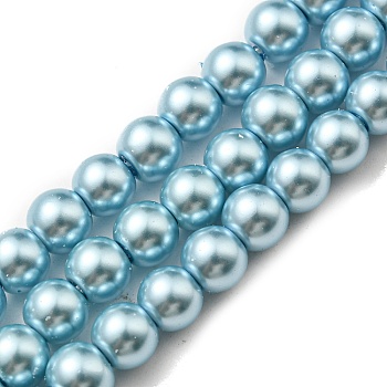 Eco-Friendly Grade A Glass Pearl Beads, Pearlized, Round, Light Sky Blue, 6mm, Hole: 1.2~1.5mm, about 68pcs/Strand, 16''(40.64cm)