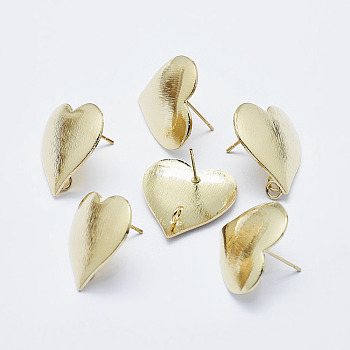 Brass Stud Earring Findings, with Loop, Long-Lasting Plated, Real 18K Gold Plated, Nickel Free, Heart, 19x19mm, Hole: 2.5mm, Pin: 0.5mm