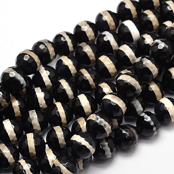 Tibetan Style Striped Pattern dZi Beads Strands, Faceted Natural Agate Round Beads, Black, 10mm, Hole: 1mm, about 37pcs/strand, 14.5 inch