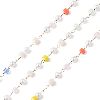 Cube & Round Glass & ABS Imitation Pearl Beaded Chains, Unwelded, with 304 Stainless Steel Link Chains, Golden, Yellow, 2.5~3x2.5~3x2.5mm