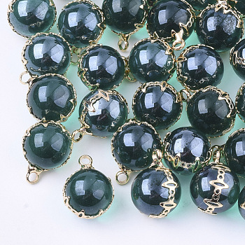 Transparent Glass Pendants, with Brass Findings, Round, Light Gold, Sea Green, 17x13x12.5mm, Hole: 2mm