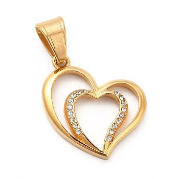 304 Stainless Steel Pendants, with Crystal Rhinestone, Bouble Heart Charms, Golden, 23x23x3mm, Hole: 8x5mm