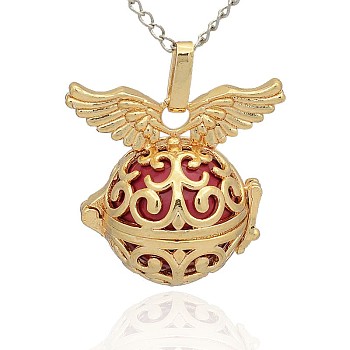 Golden Tone Brass Hollow Round Cage Pendants, with No Hole Spray Painted Brass Round Beads, Cerise, 31x30x21mm, Hole: 3x8mm