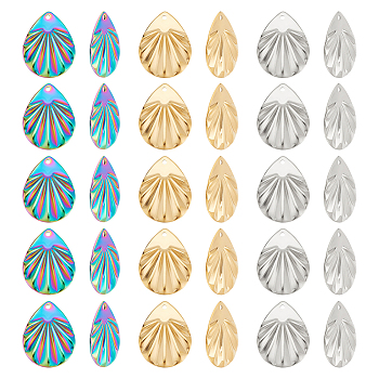 30Pcs 3 Colors 304 Stainless Steel Pendant, Textured Charms, Teardrop, Mixed Color, 22x17x1mm, Hole: 1.2mm, 10pcs/color