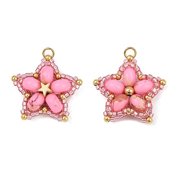 Handmade Glass Seed Beaded & Synthetic Dyed Imperial Jasper Beads Pendants, Star, with 304 Stainless Steel Open Jump Rings Loop, Pearl Pink, 27x28.5x8.5mm, Hole: 3mm
