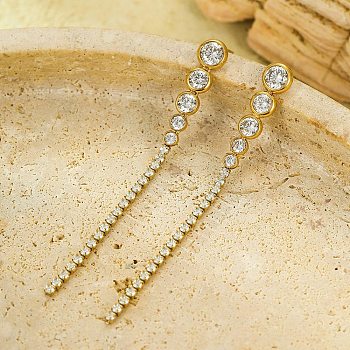 Stainless Steel Clear Cubic Zirconia Tassel Stud Earrings, Real 18K Gold Plated, 70x7mm