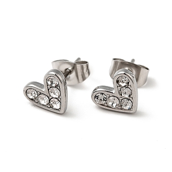 Heart 304 Stainless Steel Rhinestone Stud Earrings, 316 Surgical Stainless Steel Pin Ear Studs, with Ear Nuts, Stainless Steel Color, Crystal, 7x8.5mm, Pin: 0.7mm