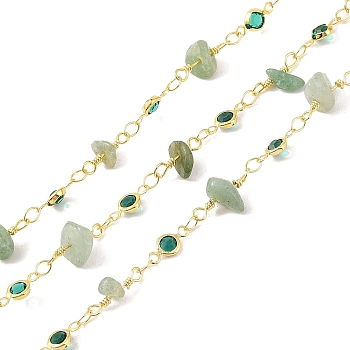 Brass Link Chains, with Glass and Natural Green Aventurine, Rack Plating Real 18K Gold Plated, Soldered, with Spools, Long-Lasting Plated, Cadmium Free & Lead Free, Real 18K Gold Plated, 12~14.5x4~14x4~8mm