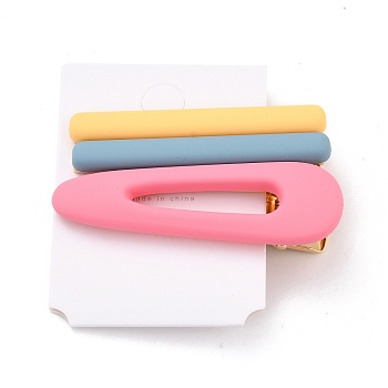 Resin Alligator Hair Clips, with Light Gold Alloy Findings, Rectangle & Teardrop, Hot Pink, 61x7.5x15mm, 3pcs/set