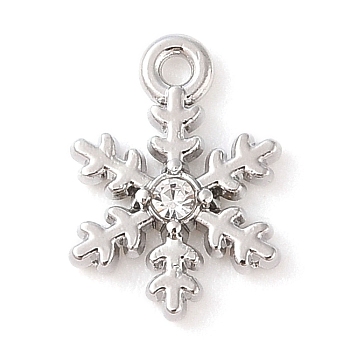 Alloy with Rhinestone Pendants, Snowflake, Platinum, White, 13x9.5x2.5mm, Hole: 1.2mm