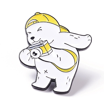 Naughty Bear with Camera Enamel Pin, Animal Alloy Enamel Brooch for Backpack Clothes, Electrophoresis Black, Yellow, 28x24x11mm
