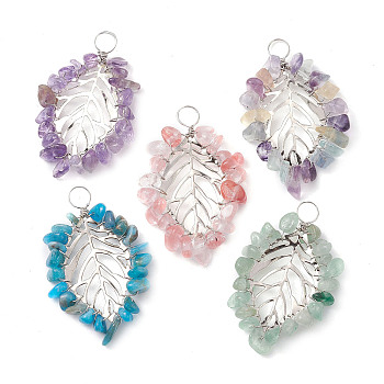 5Pcs 5 Styles Natural & Synthetic Mixed Gemstone Chip Pendants, Brass Leaf Charms, Platinum, 32x21x4mm, Hole: 4mm, 1pc/style