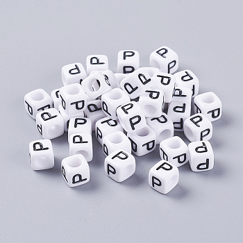 Pandahall 50g Opaque Acrylic Horizontal Hole Letter Beads, Cube, Letter P, 6x6x6mm, Hole: 3.2mm
