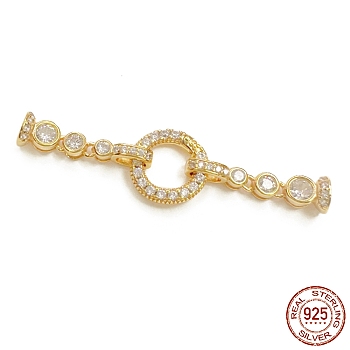 925 Sterling Silver Micro Pave Clear Cubic Zirconia Fold Over Clasps, Ring, Real 18K Gold Plated, 44.5mm, Hole: 3.5mm
