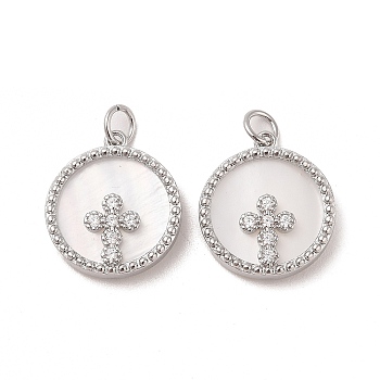 Brass Pendants Pave Shell, with Clear Cubic Zirconia, Round with Cross, Platinum, 18x16x3mm