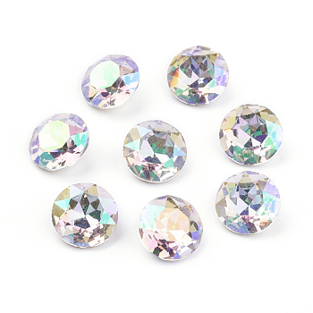 Pointed Back & Back Plated Glass Rhinestone Cabochons, Grade A, Faceted, Flat Round, Luminous Green, 10x5mm