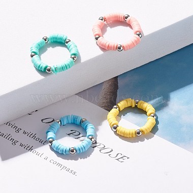 4 pièces 4 couleurs à la main en argile polymère heishi perles bague pour les femmes(RJEW-JR00425)-2