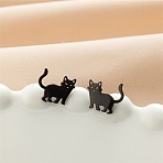 Stainless Steel Cat Shape Stud Earrings, Black, 10x12mm(X-PW-WGC97C2-04)