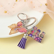 Resin Letter & Acrylic Butterfly Charms Keychain, Tassel Pendant Keychain with Alloy Keychain Clasp, Letter E, 9cm(KEYC-YW00001-05)