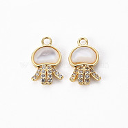 Brass Micro Pave Clear Cubic Zirconia Charms, with Shell, Jellyfish, Nickel Free, Real 18K Gold Plated, 13x8x2.5mm, Hole: 1.6mm(KK-Q765-005-NF)