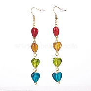 Handmade Silver Foil Glass Dangle Earring, with 304 Stainless Steel Earring Hooks and Ear Nuts, Heart, Golden, Colorful, 95mm, Pin: 0.5mm(EJEW-JE04474)