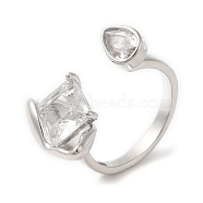 Glass Rhombus & Teardrop Open Cuff Ring, Brass Ring for Women, Real Platinum Plated, Inner Diameter: 18mm(RJEW-G288-04P)