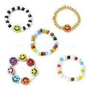 5Pcs 5 Style Smiling Face Acrylic & Glass Seed Stretch Rings Set, Braided Beaded Jewelry for Women, Mixed Color, Inner Diameter: 20mm, 1Pc/style(RJEW-TA00071)