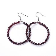 Natural Garnet Dangle Earrings, with Stainless Steel Hook, Ring, 60~61x44mm, Pin: 0.6mm(EJEW-K077-A12)