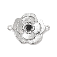 Brass Pave Glass Connector Charms, Flower Links, Real Platinum Plated, Black, 17x22.5x3mm, Hole: 1.4mm(KK-Z073-32P-02)