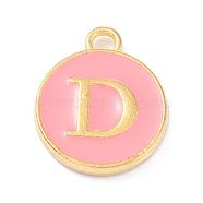 Golden Plated Alloy Enamel Charms, Enamelled Sequins, Flat Round with Alphabet, Letter.D, Pink, 14x12x2mm, Hole: 1.5mm(ENAM-Q437-14D)