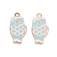 Light Gold Plated Alloy Enamel Pendants, Cadmium Free & Lead Free, Fish Charms, Light Blue, 24x12.5x1.5mm, Hole: 1.8mm(PALLOY-N176-27A-RS)