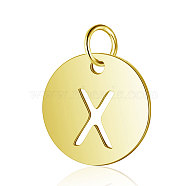 304 Stainless Steel Charms, Flat Round with Letter, Golden, Letter.X, 12x1mm, Hole: 2.5mm(STAS-S105-T514G-X)