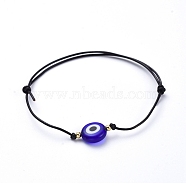 Adjustable Cowhide Cord Bracelets, with Brass Beads and Handmade Evil Eye Lampwork Beads, Blue, Inner Diameter: 2-1/4 inch~3-7/8 inch(5.8~10cm)(BJEW-JB05281-03)