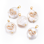Natural Cultured Freshwater Pearl Pendants, with Brass Micro Pave Cubic Zirconia Findings, Nuggets with Heart, Golden, Clear, 17~26x11~16x5~11mm, Hole: 1.6~2mm(PEAR-L027-53A)