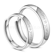 SHEGRACE Rhodium Plated 925 Sterling Silver Couple Rings, Promise Ring, Carved with Word Believe in yourself, Platinum, Men: 20mm, Women: 18mm(JR669A)