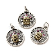 Brass Pendants, with Rhinestone and Jump Ring, Flat Round with Buddha Charms, Antique Silver & Antique Golden, 17.5x14.5x3mm, Hole: 3mm(KK-K357-02AS)