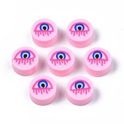 Handmade Polymer Clay Beads, Flat Round with Evil Eye, Pearl Pink, 9.5~10x4.5mm, Hole: 1.6mm(CLAY-N007-004-08)