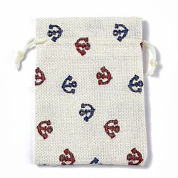 Burlap Packing Pouches Drawstring Bags, Rectangle, Floral White, Anchor & Helm, 13.5~14x10x0.35cm(ABAG-L016-A09)