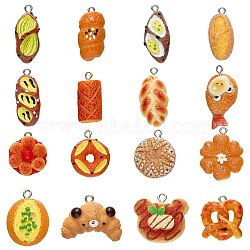 32Pcs 16 Styles Resin Imitation Food Pendants, Cartoon Bear Bread Charms with Platinum Plated Iron Loops, Breads, Mixed Shapes, Mixed Color, 15~36x13~27x7.5~12mm, Hole: 2mm, 2pcs/style(FIND-SZ0004-08)