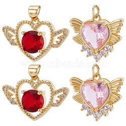 Beebeecraft 8Pcs 2 Style Brass Micro Pave Cubic Zirconia Pendants, with Jump Ring, Cadmium Free & Lead Free, Heart with Wing, Mixed Color, 16~18x20.5~25x5.5~6mm, Hole: 3.3~4mm, 4pcs/style(KK-BBC0003-04)