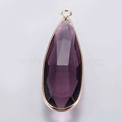 Glass Pendants, with Brass Finding, Faceted, teardrop, Golden, Purple, 43x14x5.5mm, Hole: 2mm(GLAA-G056-01C)