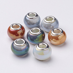 Electroplate Imitation Jade Glass  European Beads, with Silver Color Plated Brass Double Core, Full Rainbow Plated, Large Hole Rondelle Beads, Mixed Color, 14~15x11mm, Hole: 4.5~5mm(X-GPDL-Q015-01)
