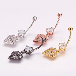 Piercing Jewelry, Brass Micro Pave Cubic Zirconia Belly Rings, with 304 Stainless Steel Bar, Diamond  Shape, Mixed Color, 36mm, Bar Length: 1/2"(12.3mm), Pin: 15 Gauge(1.5mm)(ZIRC-J017-16)
