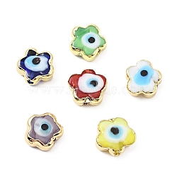 Handmade Evil Eye Lampwork Beads, with Brass Findings, Cadmium Free & Lead Free, Flower, Mixed Color, 12x11.5x5.5mm, Hole: 1.8mm(LAMP-G151-01G)