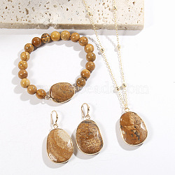 Oval Alloy with Natural Picture Jasper Pendant Necklaces & Beaded Bracelets & Dangle Earrings Sets, Golden, 430mm(WGD3DFC-04)