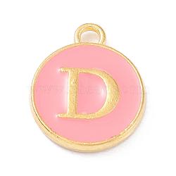 Golden Plated Alloy Enamel Charms, Enamelled Sequins, Flat Round with Alphabet, Letter.D, Pink, 14x12x2mm, Hole: 1.5mm(ENAM-Q437-14D)