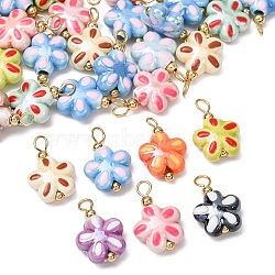 Handmade Porcelain Pendants, with Brass Findings, Hand Painted, Flower Charms, Real 18K Gold Plated, Mixed Color, 17x12x5.5mm, Hole: 2.4mm(PR-CBA010C-15G)