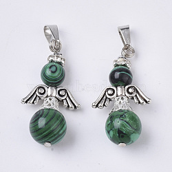 Synthetic Malachite Pendants, with Alloy Findings, Rhinestone and Stainless Steel Snap on Bails, Angel, Antique Silver, Dyed, 36.5~39x19.5~20x12~12.5mm, Hole: 8x3mm(G-Q460-A16)