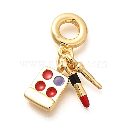 Brass Enamel Lipstick & Eyeshadow European Dangle Charms, Large Hole Pendants, Real 18K Gold Plated, Red, 28mm, Hole: 5mm(KK-U048-05G-03)